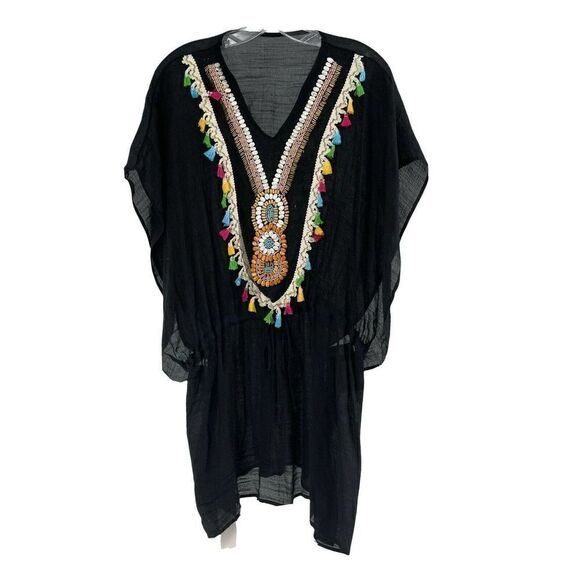 Bohemian Beaded Blouse Black V Neck Dolman Sleeve One Size Beach Tunic LOF NEW - Picture 1 of 9